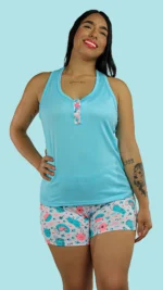 Pijama Corta con blusa azul con manga sisa