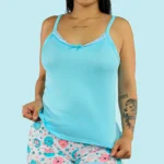 Pijama Corta en tiras, blusa color azul con encaje